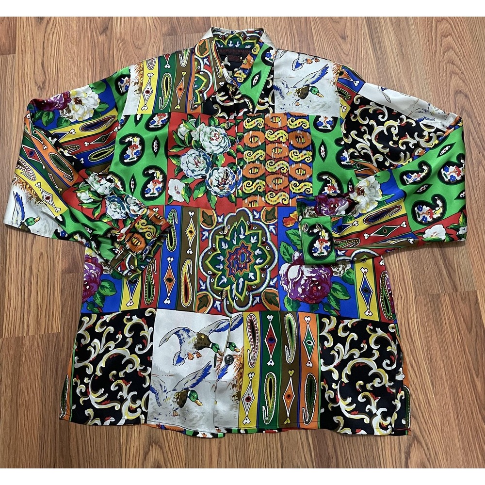 Jerri Sherman Silk Blouse Womens Small Baroque Patchwork Scarf Print Button